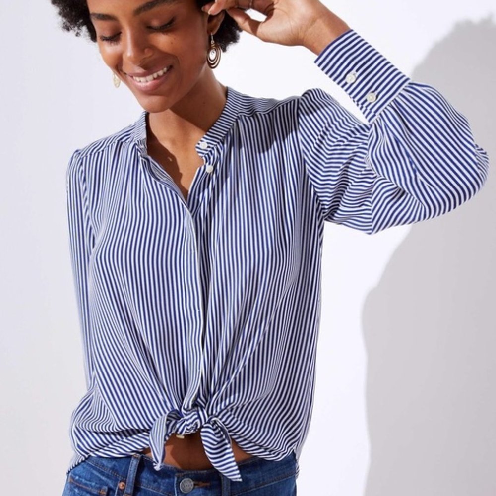 Women’s LOFT Striped Crossover Back Utility Blouse Size XSP Blue/White